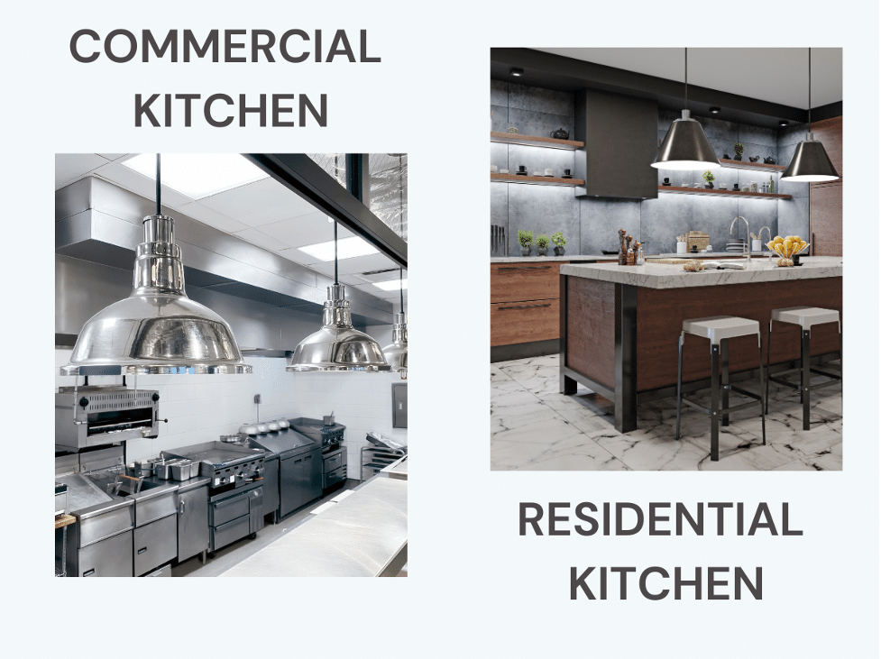 Side-by-side images of a commercial kitchen with industrial equipment and a residential kitchen with modern appliances and bar stools.