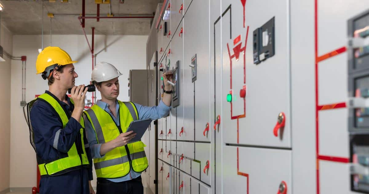 Two electricians standing in front of an electrical panel reviewing electrical system design.