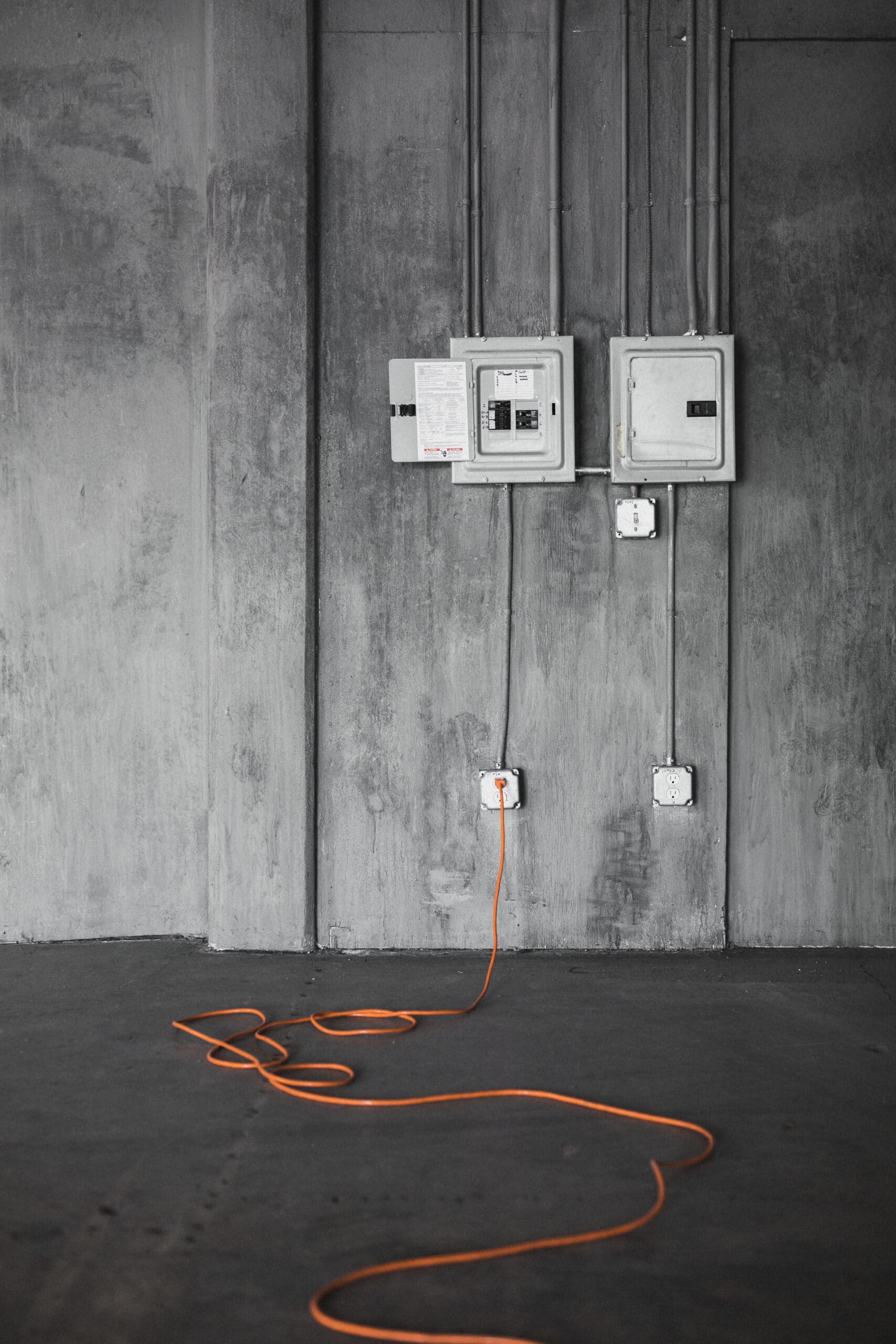 Electrical equipment in a room with an orange cable.