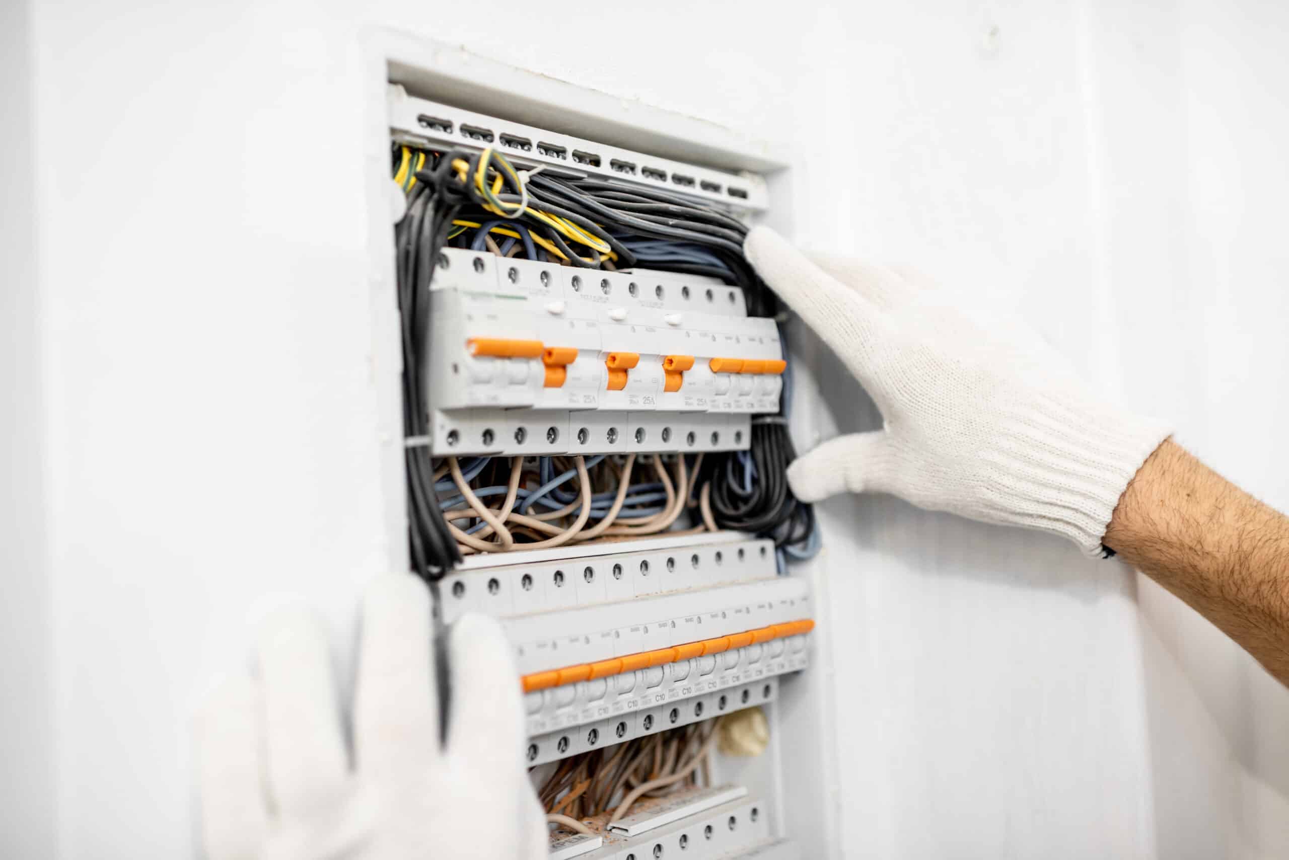 Following an electrical system design, a man is putting wires into an electrical panel.