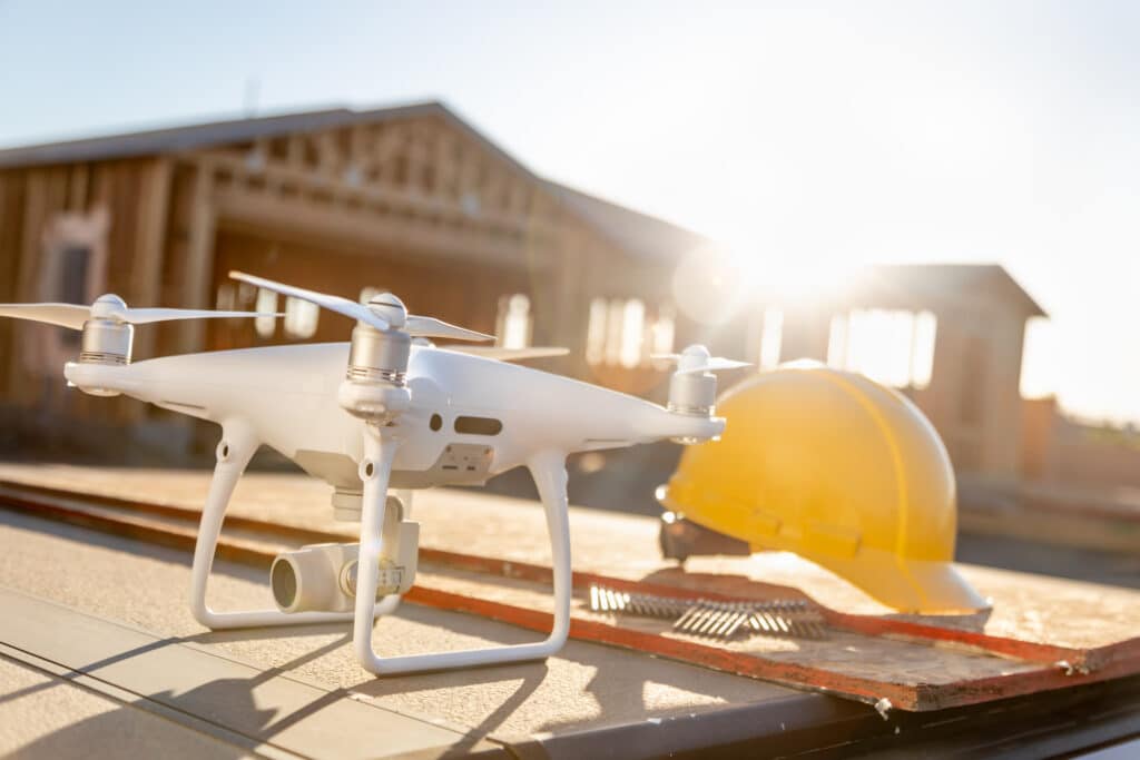 A dji phantom drone sits on top of a construction site.