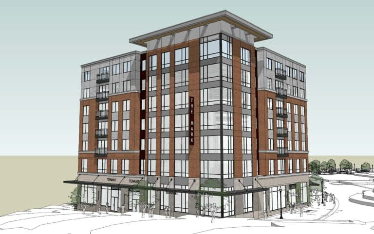 A rendering of a multi - story apartment building.
