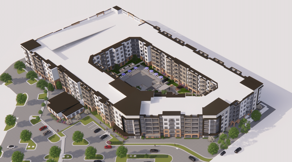 A 3d rendering of an apartment complex.
