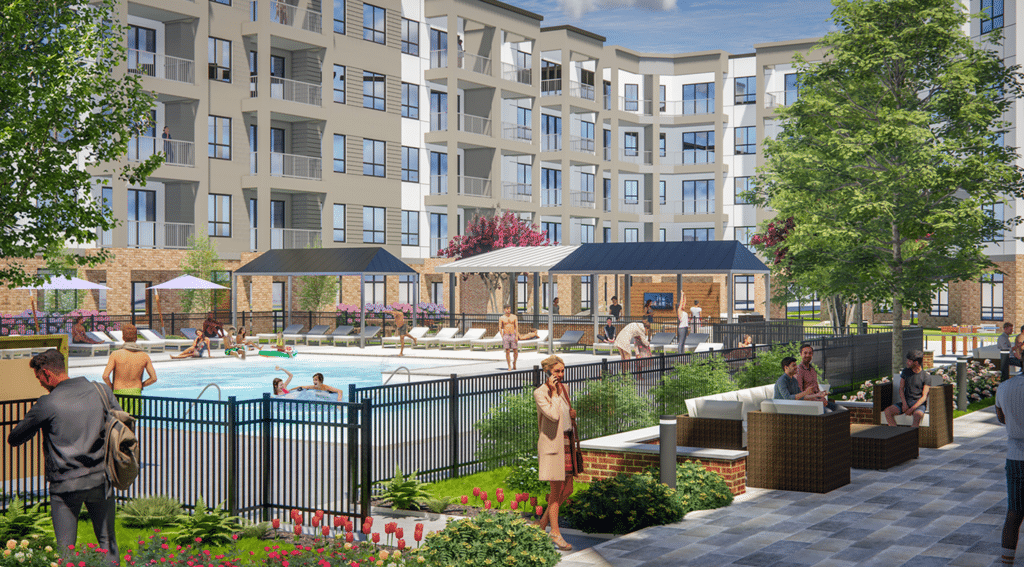 A rendering of an apartment complex with a swimming pool.