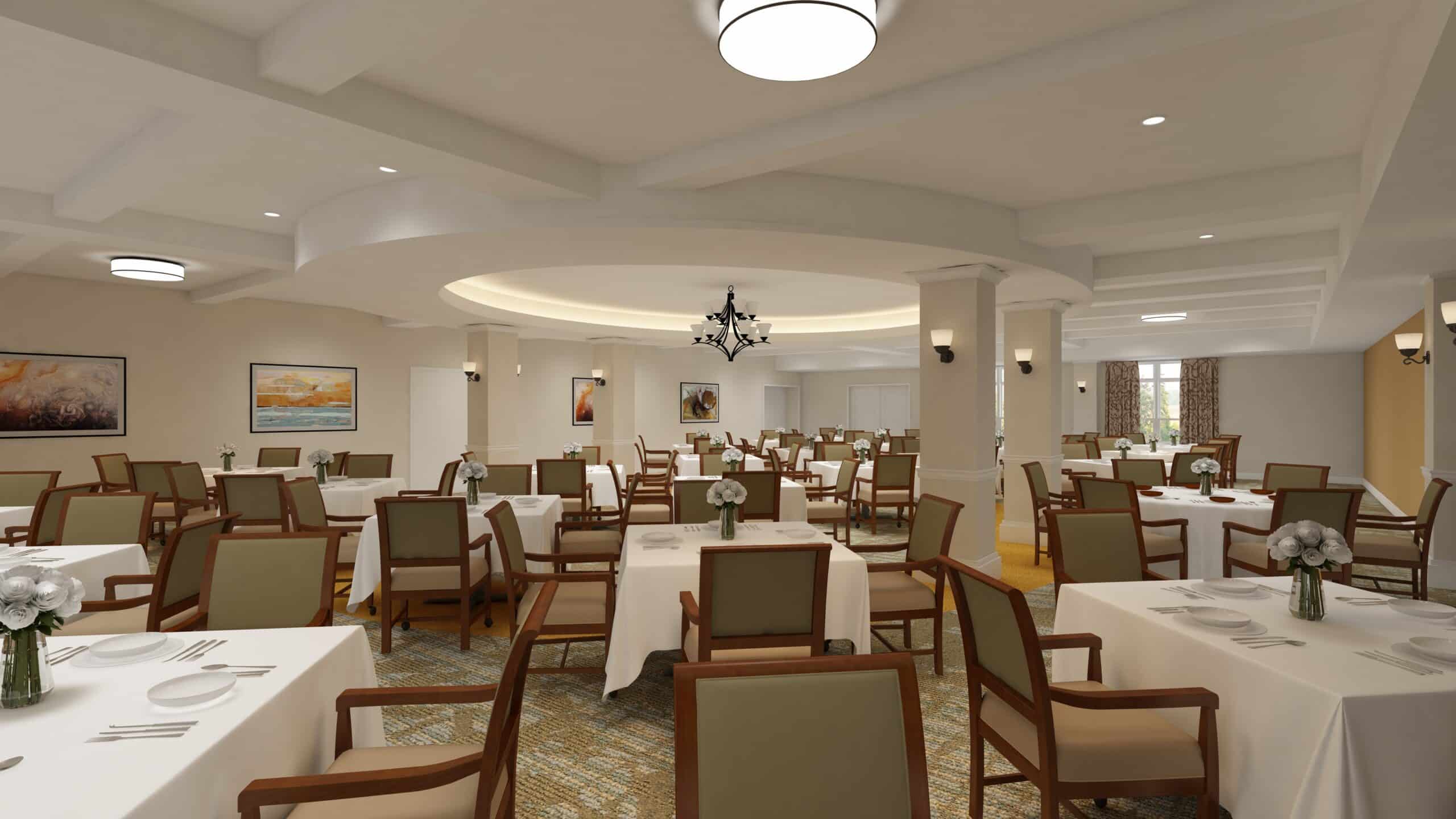 A rendering of a dining room with tables and chairs.