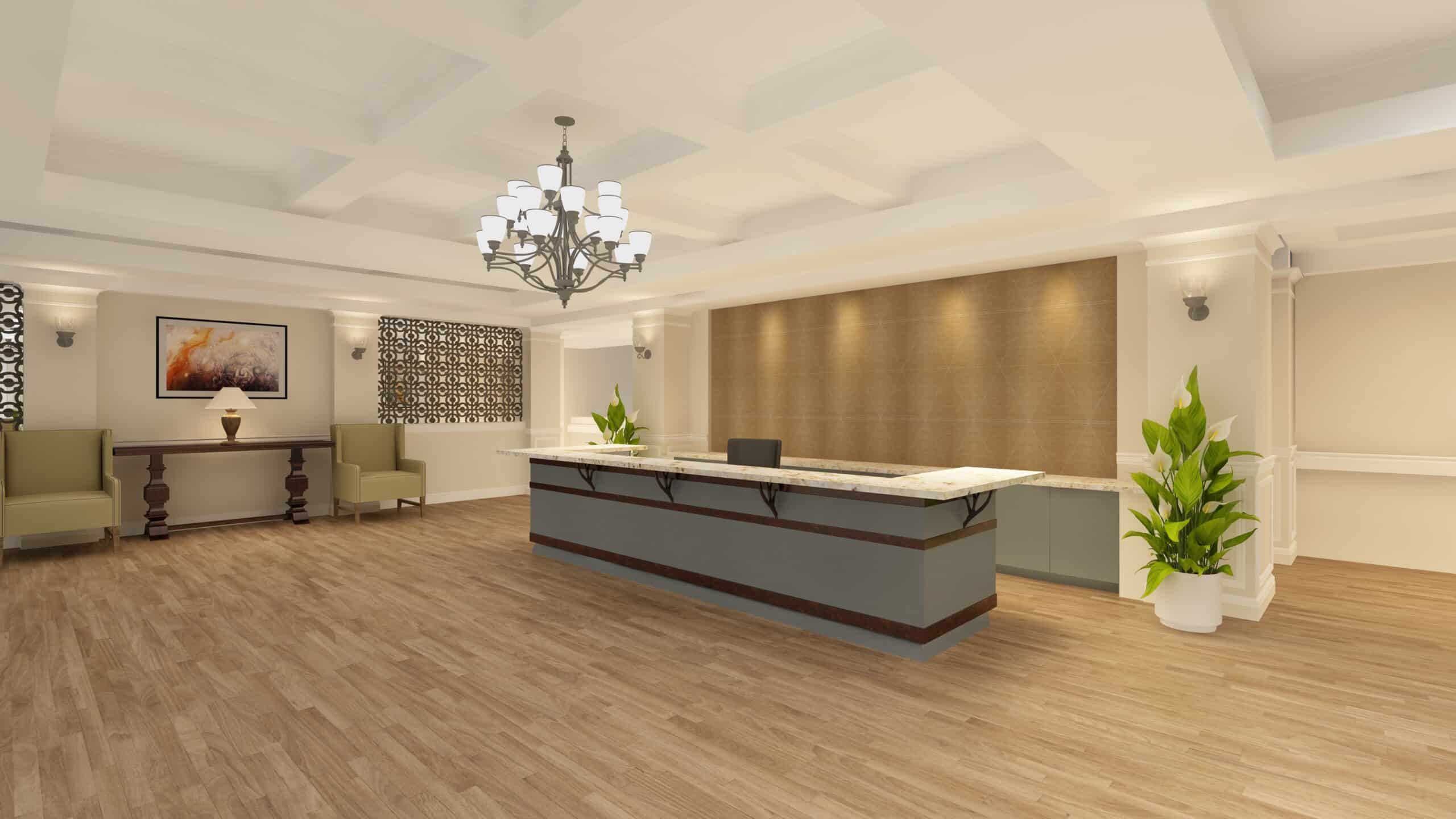 A 3d rendering of a hotel lobby.