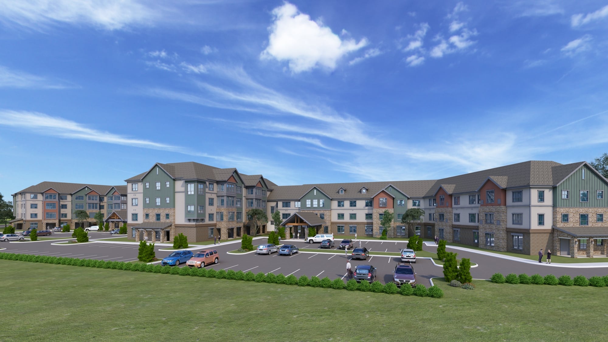 A rendering of an apartment complex with a parking lot.