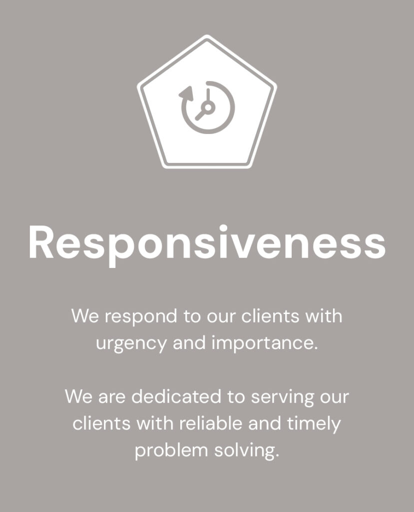 Responsiveness we respond to our clients with urgency and importance.