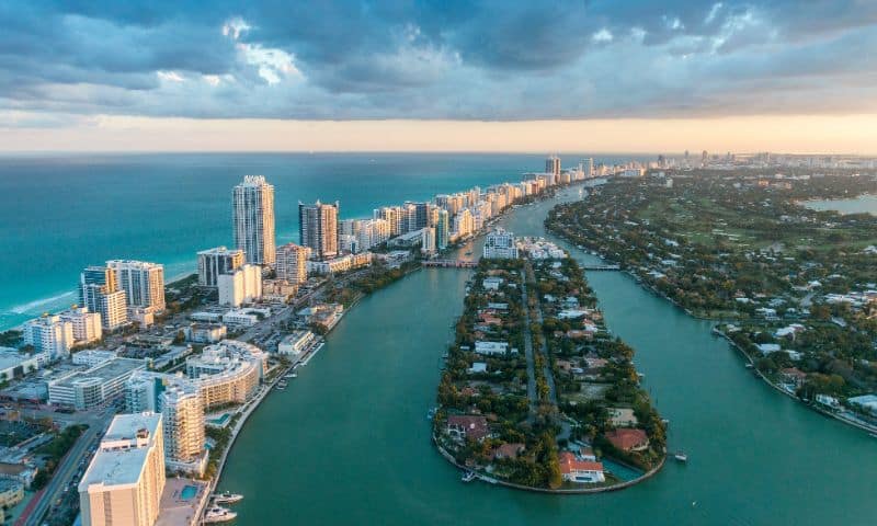 An aerial view of miami, florida at sunset.