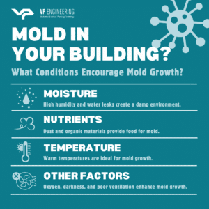 Infographic titled "Mold in Your Building?" with conditions that encourage mold growth: moisture, nutrients, temperature, and other factors like oxygen and poor ventilation.