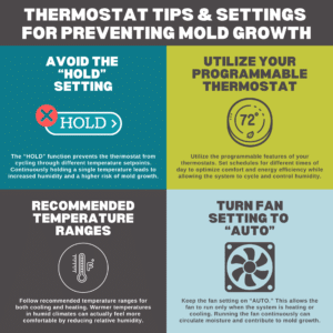 Infographic on preventing mold growth with thermostats. Highlights: avoid "HOLD" setting, use programmable thermostat, follow recommended temperature ranges, set fan to "AUTO.