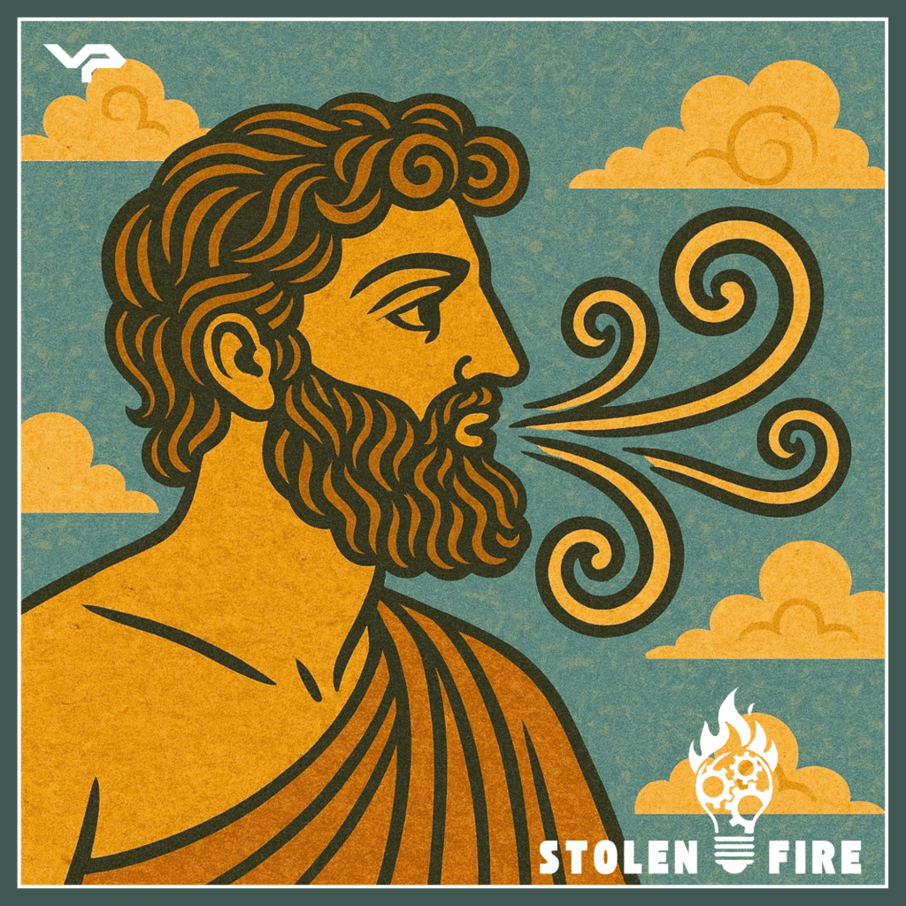 Illustration of a bearded man in profile blowing stylized wind, with clouds in the background and "STOLEN FIRE" text at the bottom right.