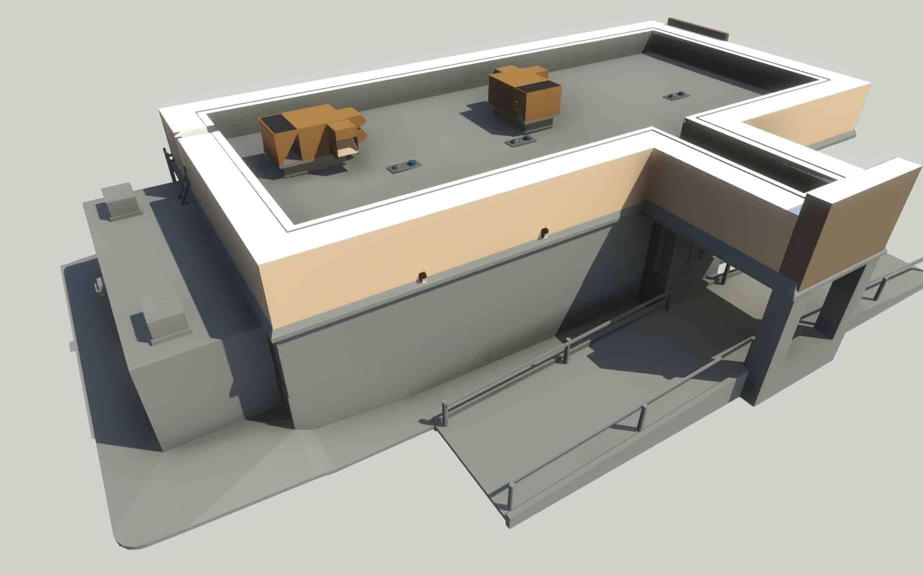3D rendering of a rectangular commercial building with a flat roof, rooftop HVAC units, and a ramp leading to the entrance.