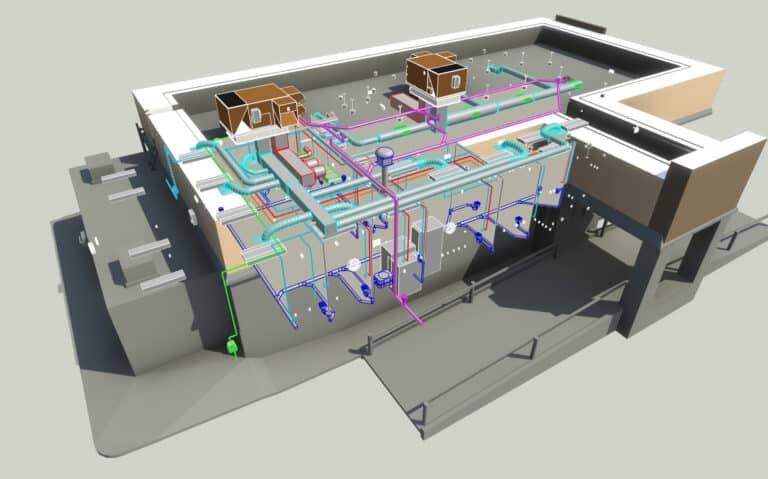 3D model of a building showing detailed HVAC, plumbing, and electrical systems with color-coded pipes and ducts throughout the structure.