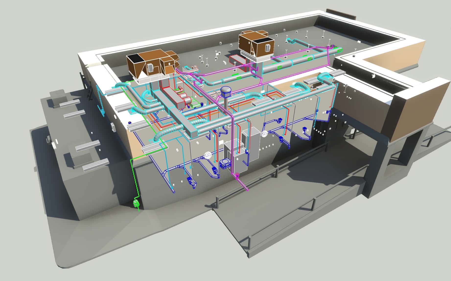 3D model of a building showing detailed HVAC, plumbing, and electrical systems with color-coded pipes and ducts throughout the structure.