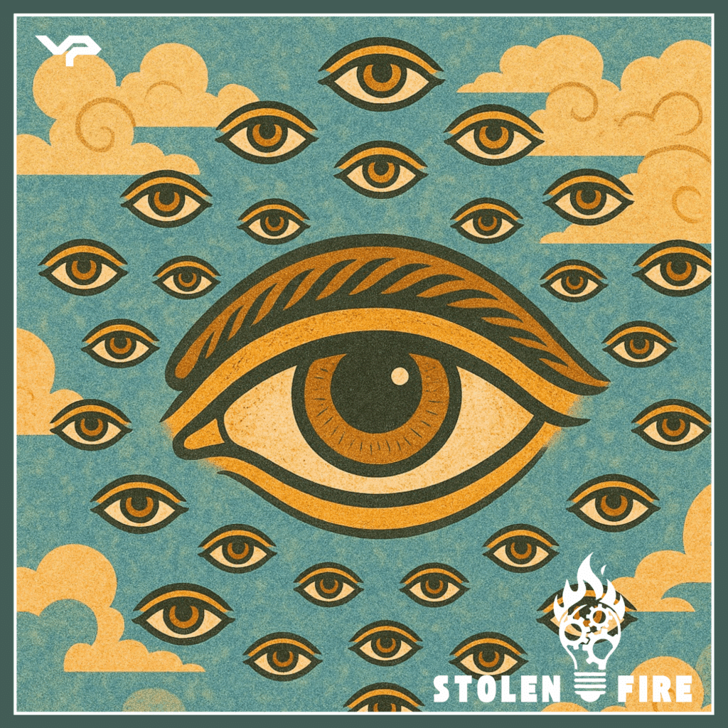 Illustration of multiple stylized eyes on a blue sky with clouds background; one large central eye is surrounded by smaller eyes. Text at the bottom right reads "Stolen Fire.