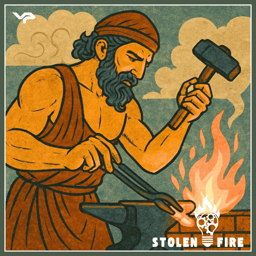An ancient blacksmith with a beard and headband hammers metal on an anvil beside a fire; the words "Stolen Fire" appear in the lower right corner.