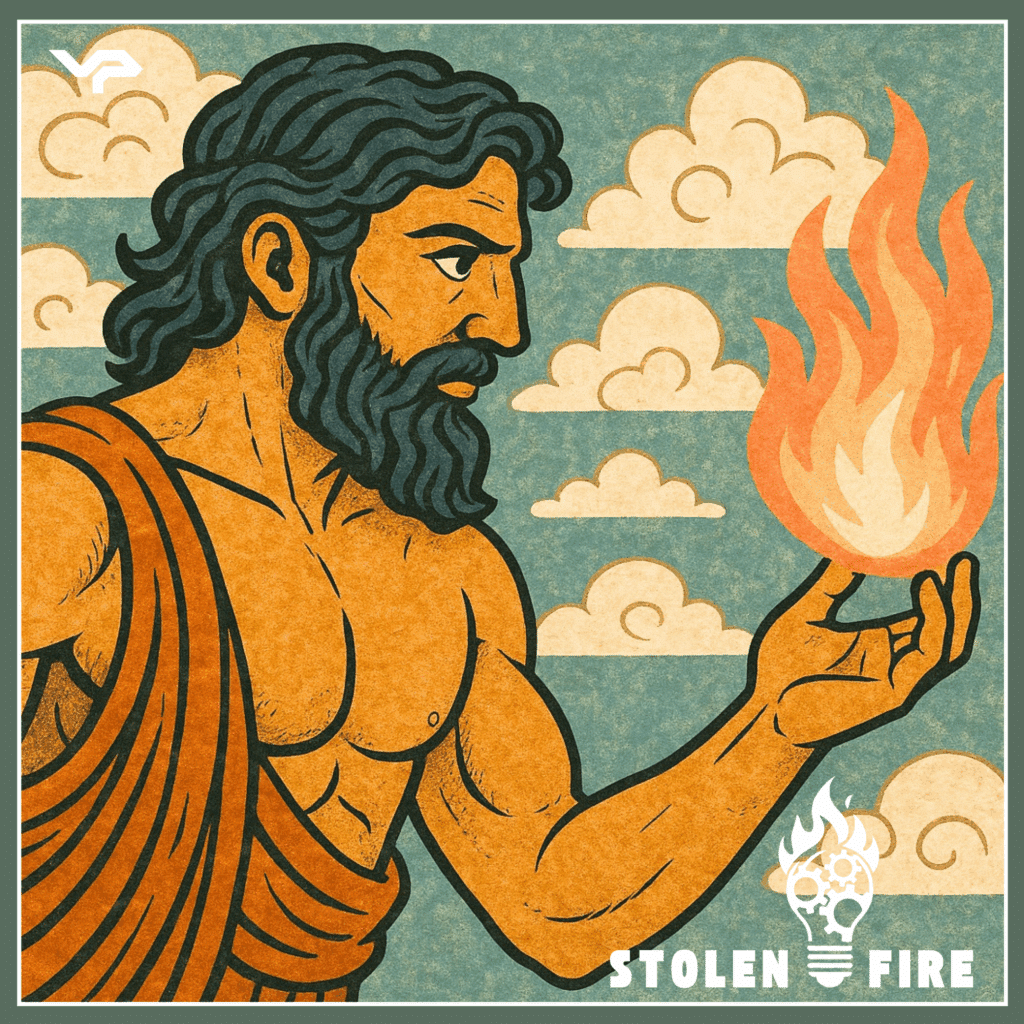 Illustration of a bearded man in ancient Greek attire holding a flame in his hand, with clouds in the background and the text "STOLEN FIRE" at the bottom.