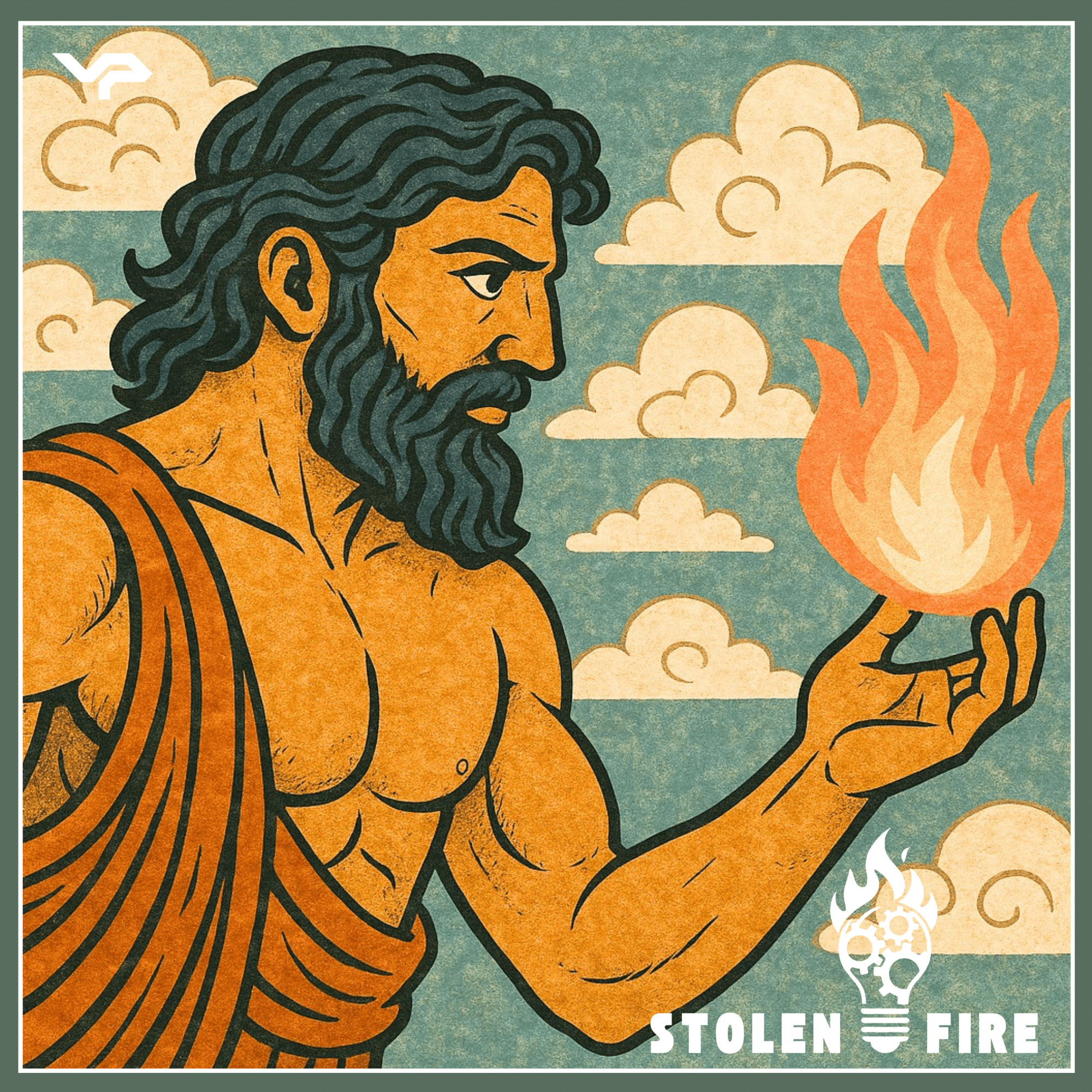 Illustration of a bearded man in ancient Greek attire holding a flame in his hand, with clouds in the background and the text "STOLEN FIRE" at the bottom.