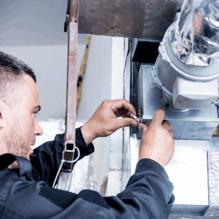 A person adjusts wires on a metal HVAC duct system, working with tools in a mechanical or industrial setting.