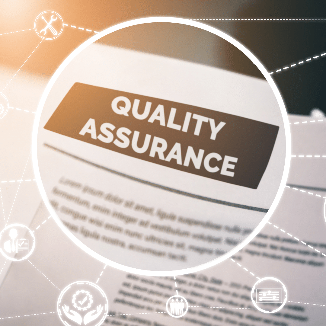 A close-up of a document labeled "QUALITY ASSURANCE," surrounded by icons representing various business and quality control concepts.