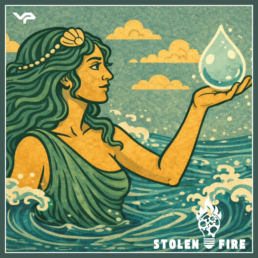 Illustration of a woman with green hair rising from the ocean, holding a large water droplet in her raised hand, with clouds and waves in the background. Text reads "Stolen Fire.