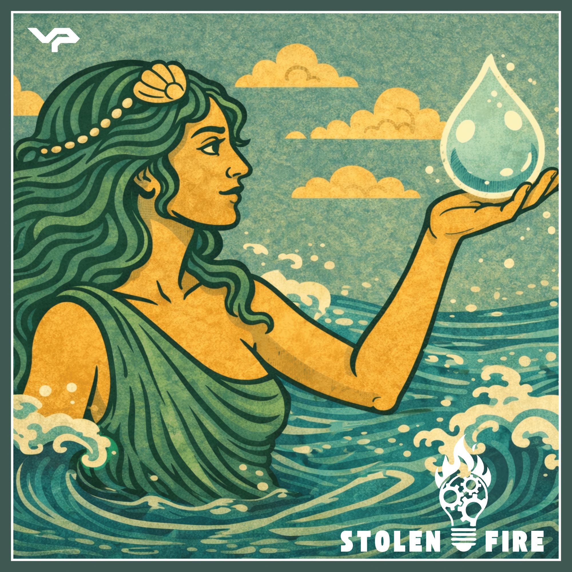 Illustration of a woman with green hair rising from the ocean, holding a large water droplet in her raised hand, with clouds and waves in the background. Text reads "Stolen Fire.