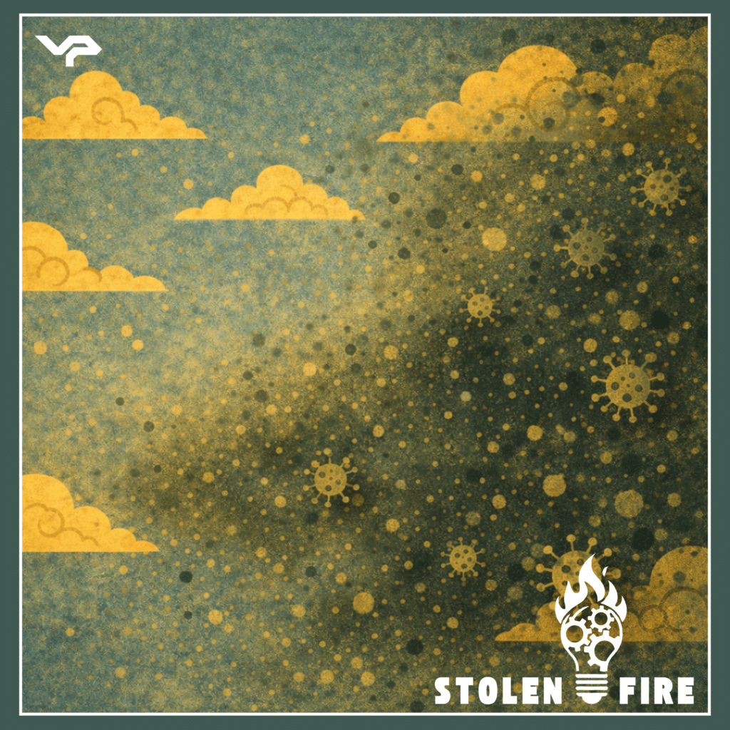 A digital illustration with yellow clouds and circular patterns on a textured blue-green background. The words "Stolen Fire" and a flaming lightbulb logo are at the bottom right corner.