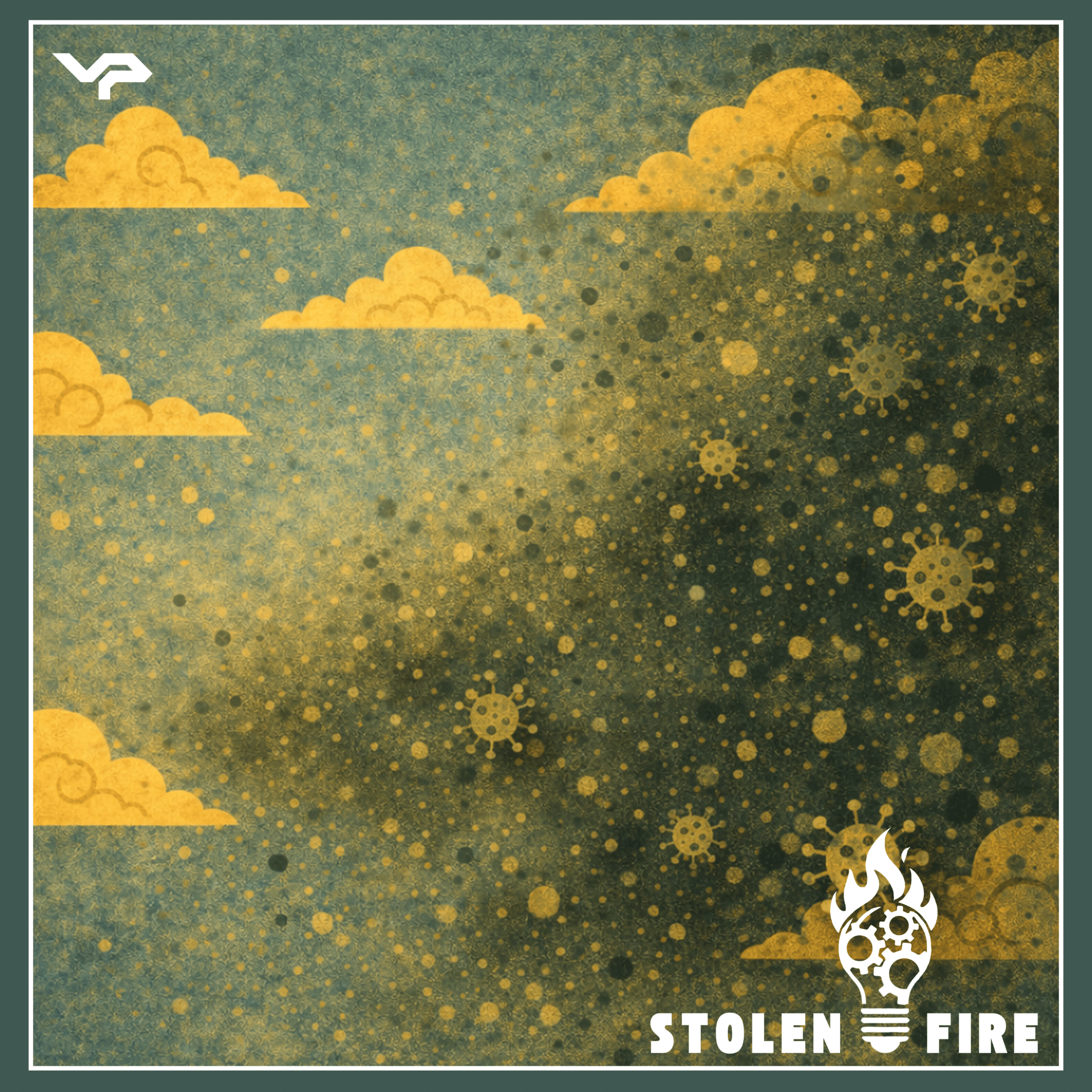 A digital illustration with yellow clouds and circular patterns on a textured blue-green background. The words "Stolen Fire" and a flaming lightbulb logo are at the bottom right corner.