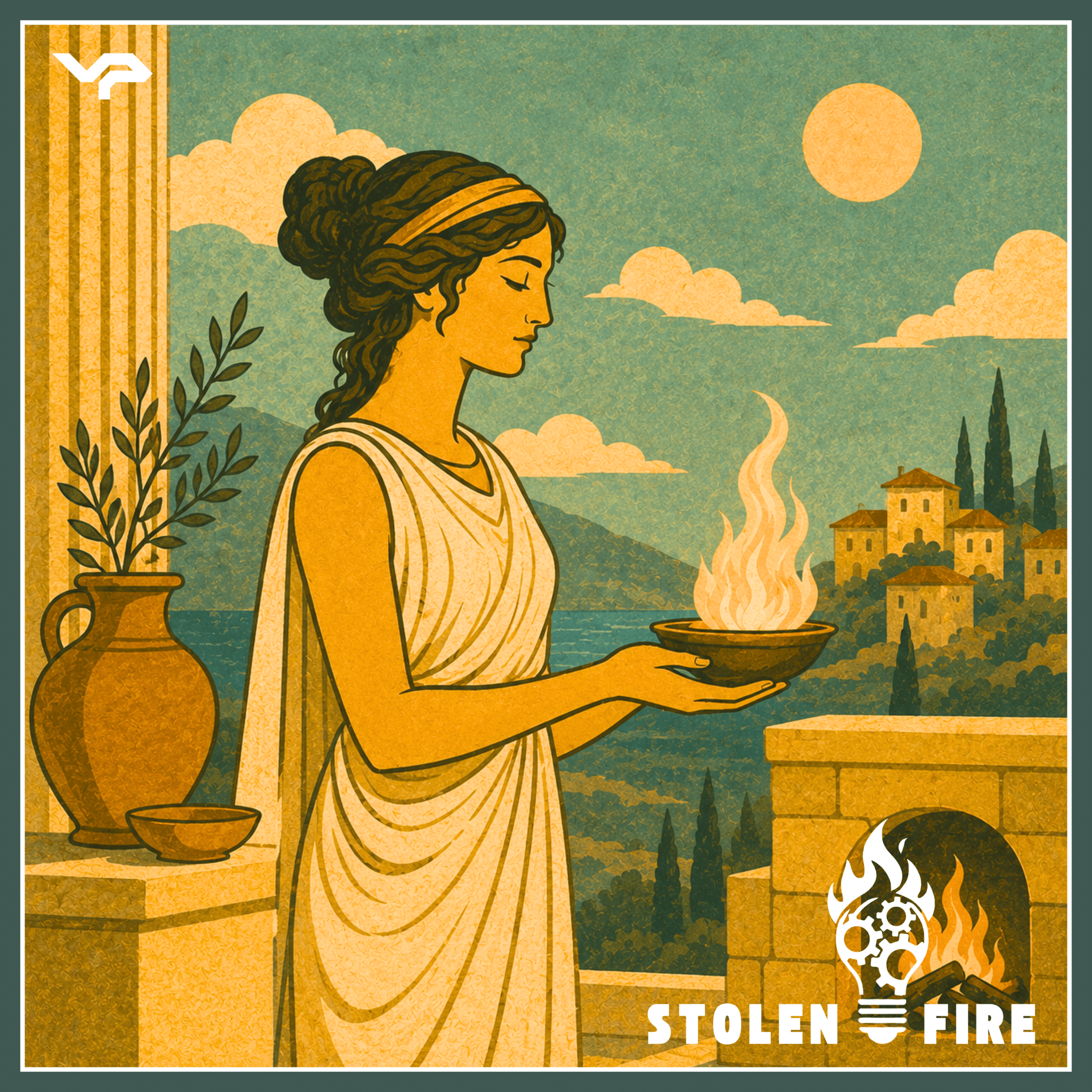 A woman in ancient Greek attire holds a flaming bowl on a terrace overlooking a landscape with buildings, trees, and mountains under a full moon. The words "Stolen Fire" appear at the bottom.