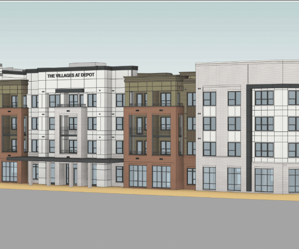 A rendering of a multi - story apartment building.