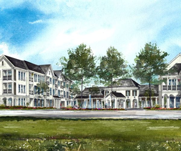 An artist's rendering of an apartment complex.